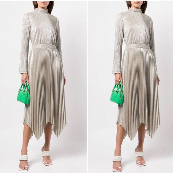 NWT Jonathan Simkhai Lydia Plisse Lame Silver Pleated Midi Dress Size 4 - Picture 1 of 9